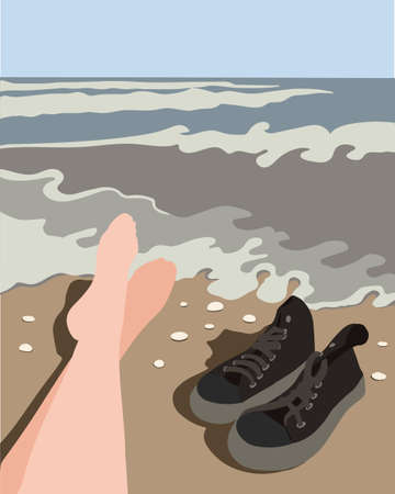 sea abstract landscape. women's feet on the beach. sneakers on the sand. recreation and tourism concept. Ocean waves, blue sky and resting people. flat vector.のイラスト素材