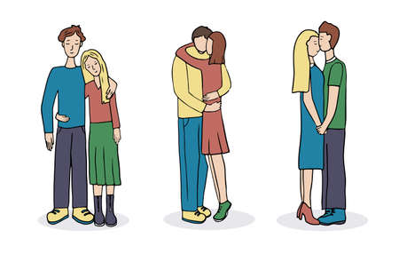 Romantic couples. A set of cute vector characters. Young guy and girl in love and hugging. A scene of tenderness and display of feelings. Hand drawn.のイラスト素材