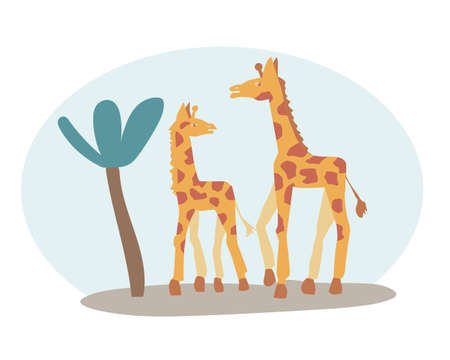 Poster with cute animals. Stylized giraffe mother and child walking together. Vector postcard. Concept of motherhood and love.のイラスト素材