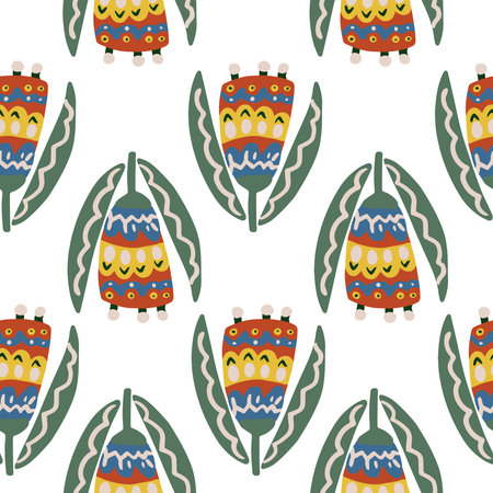 Seamless botanical floral pattern of elements in folk ethnic style. Simple vector design for paper,...