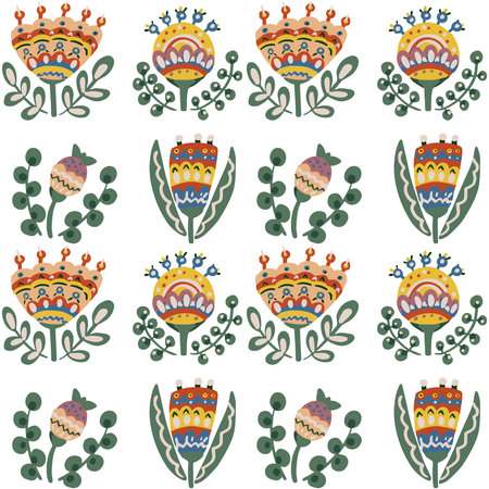 Seamless botanical floral pattern of elements in folk ethnic style. Simple vector design for paper,...