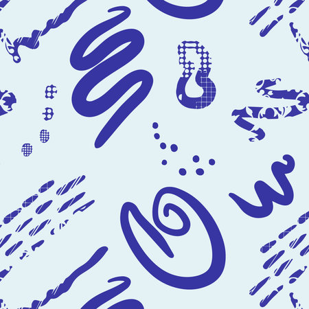 Seamless pattern of abstract minimalist elements. Simple shapes, blotches of paint, lines, and...