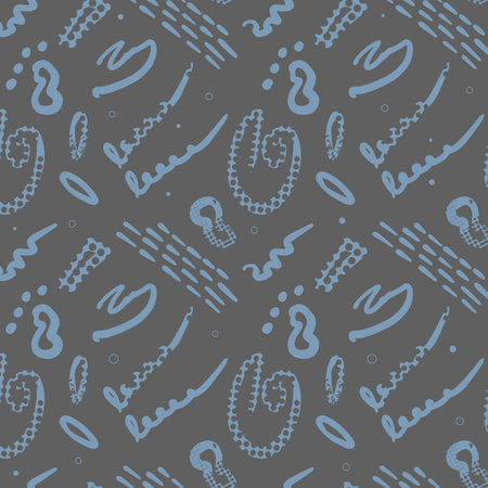 Seamless pattern of abstract minimalist elements. Simple shapes, blotches of paint, lines, and geometric shapes. Design elements are hand-drawn, stylized as a child's drawing. Vector.のイラスト素材
