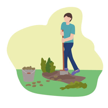 Man with a shovel digging the ground. agricultural and farm work in the garden. Gardening season, working the land. harvesting potatoes. Vector flat illustration.のイラスト素材