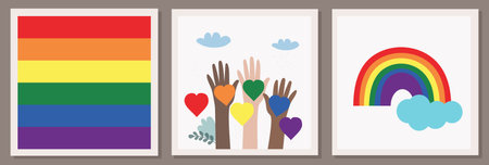 Set of three vector illustrations of LGBT community. Hands of different colors with rainbow hearts...