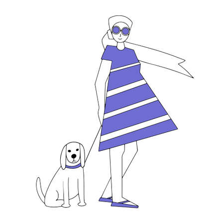 A girl in a dress and headscarf walking her dog. Cartoon cute characters. Linear vector illustration. love for pets. Carefree summer time.のイラスト素材