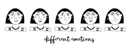 Vector set of female portraits. Cartoon funny minimalistic character with different emotions and moods. Fear, sadness, joy, surprise. Avatar for social networks.のイラスト素材