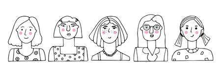 Vector set of portraits of people. Cartoon funny minimalistic female characters of different ages. Drawings of women's faces with various emotions and moods. Avatar for social networks.のイラスト素材