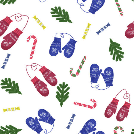 Seamless Christmas and New Year pattern. Warm crocheted winter mittens and various sweets. vector...
