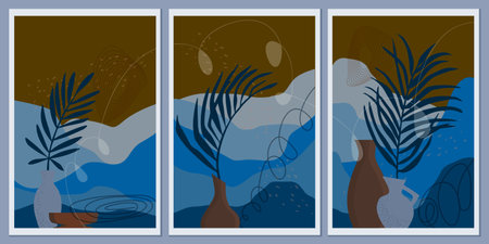 Abstract mountain monochrome landscapes. Wall art, minimalism. Leaves of palm trees in vases. Lines...