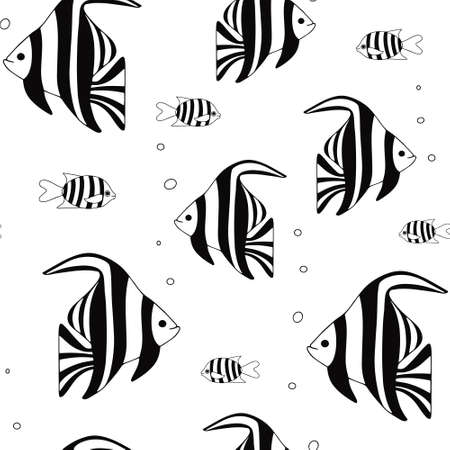 Seamless pattern of exotic coral reef fish. Underwater swimming animals. Tropical striped fish. vector cartoon hand drawn illustration.のイラスト素材