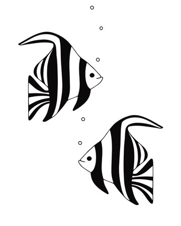 Exotic coral reef fish. Underwater swimming animals. Tropical fish Angel in black stripes. vector cartoon hand drawn illustration.のイラスト素材
