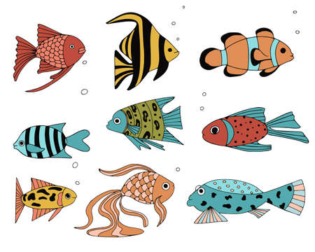 Set of exotic coral reef fish. Underwater swimming animals. Tropical fish for the aquarium. Vector elements for design.のイラスト素材