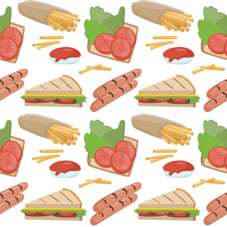 Seamless pattern with fast food. With hamburgers, sandwiches and hotdogs. Vector background with cartoon delicious elements.のイラスト素材