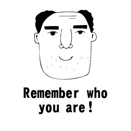 Vector portrait of a male character. Cartoon funny minimalistic man. Linear hand drawn face with emotion and mood. Friendly inscription. Postcard for social media.のイラスト素材
