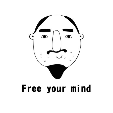 Vector portrait of a male character. Cartoon funny minimalistic man. Linear hand drawn face with emotion and mood. Friendly inscription. Postcard for social media.のイラスト素材