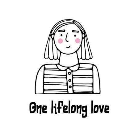 Vector portrait of a female character. Cartoon funny minimalistic man. Linear hand drawn face with emotion and mood. Friendly inscription. Postcard for social networks.のイラスト素材
