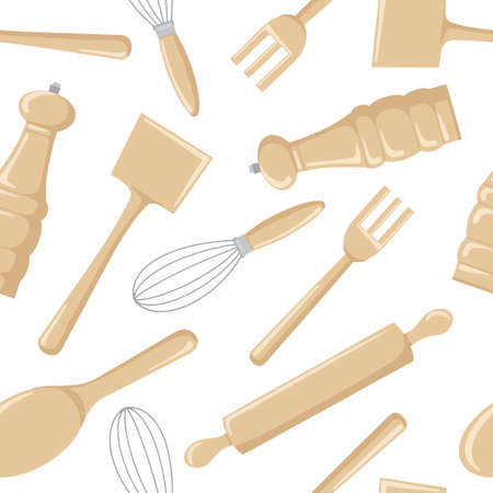 Seamless pattern of wooden kitchen tools for cooking.のイラスト素材