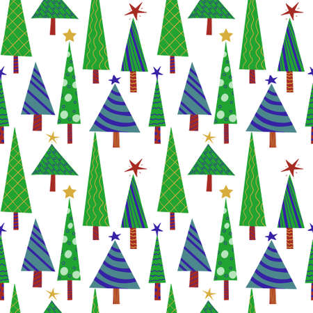 Seamless New Year's Eve pattern of green stylized decorated Christmas trees. Vector holiday background for packaging, paper and textile products.のイラスト素材