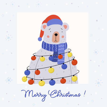 Merry Christmas greeting card. Cute bear wearing a blue scarf and Santa hat. He has garland with multicolored lights on it. Holiday vector illustration.のイラスト素材