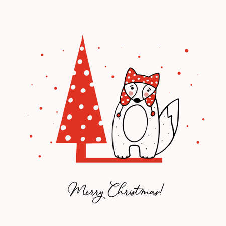 Greeting template with a cute little fox and a stylized Christmas tree. Holiday vector illustration.のイラスト素材