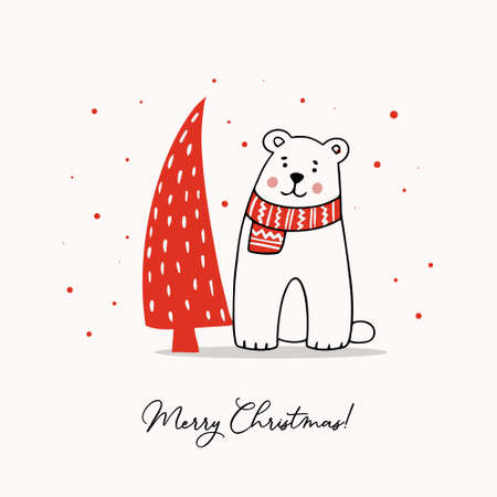 Greeting template with a cute Teddy Bear and a stylized Christmas tree. Holiday vector illustration.のイラスト素材