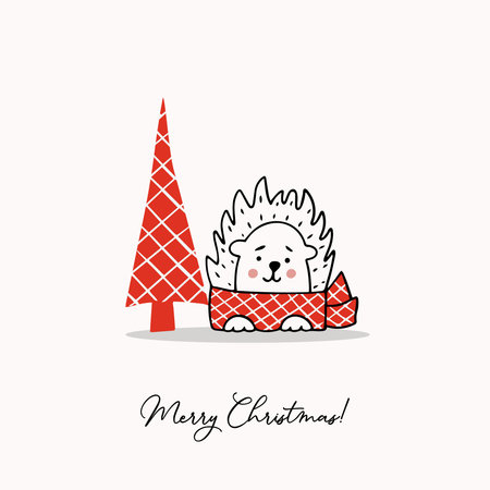 Greeting template with a cute hedgehog and a stylized Christmas tree. Holiday vector illustration.のイラスト素材
