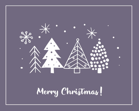 Christmas greeting cards made of handdrawn stylized Christmas trees. Scandinavian style doodle elements. Vector template for a poster or invitation.のイラスト素材