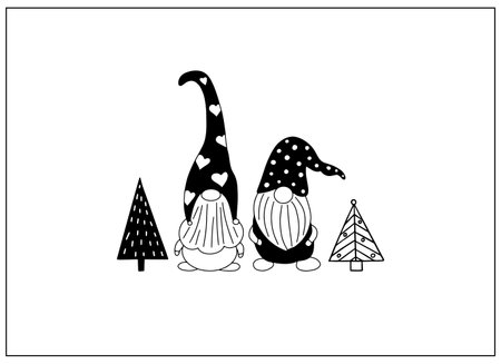 Greeting card with cute hand drawn gnomes and Christmas trees. Vector print in Scandinavian style.のイラスト素材
