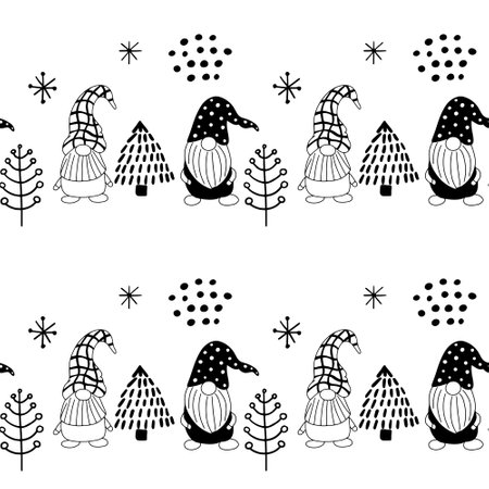 Seamless pattern with a cute hand drawn gnome and a Christmas tree. Scandinavian style vector background of doodle elements.のイラスト素材