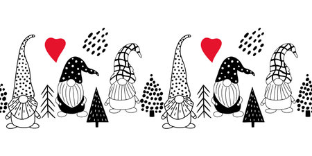 Seamless horizontal pattern with cute hand drawn gnomes and Christmas trees. A Scandinavian style vector background of doodle elements.のイラスト素材