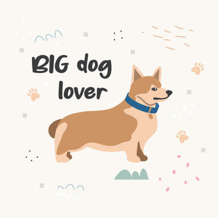 Poster with a cute pet dog and handwritten text. Print for printing on children's clothing. Vector flat illustration.のイラスト素材