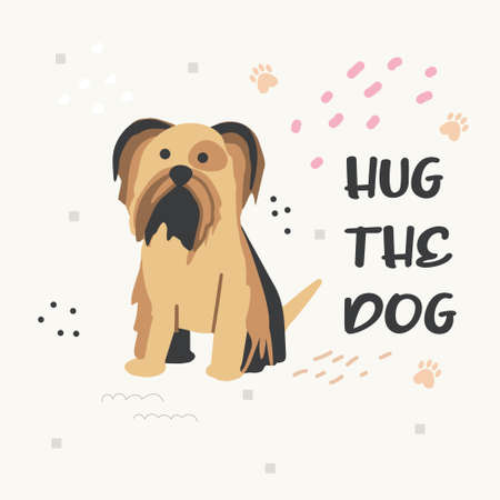 Poster with a cute pet dog and handwritten text. Print for printing on children's clothing. Vector flat illustration.のイラスト素材