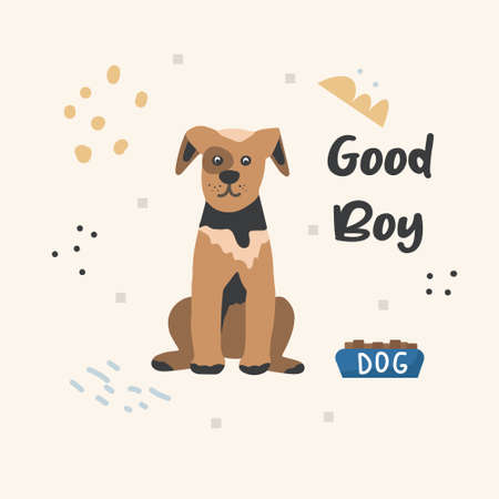 Poster with a cute pet dog and handwritten text. Print for printing on children's clothing. Vector flat illustration.のイラスト素材