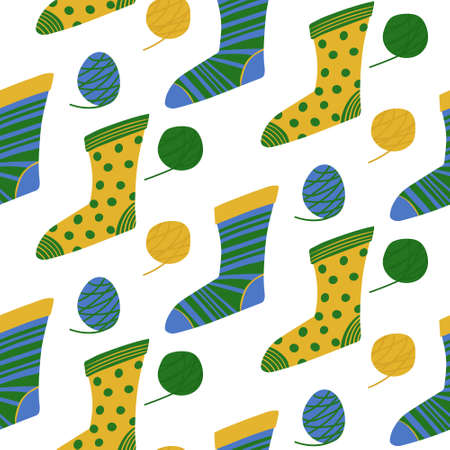 Seamless pattern of cozy knitted socks. Vector background for wrapping paper and different textile designのイラスト素材