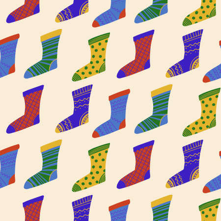Seamless pattern of cozy knitted socks. Vector background for wrapping paper and different textile designのイラスト素材