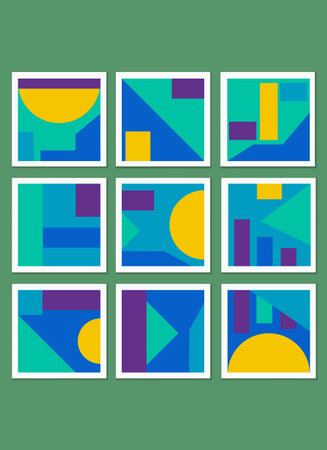 A set of patterns of graphic elements and simple geometric shapes in bright colors. Templates for...