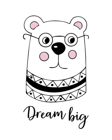 Graphic hand drawn poster with a cute bear in a sweater and glasses for children's room decor. Motivational lettering. Print for Baby clothes and greeting card.のイラスト素材