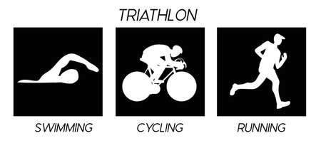 Triathlon. Silhouettes of athletes. Competition in swimming, cycling and running. Vector flat illustration.のイラスト素材