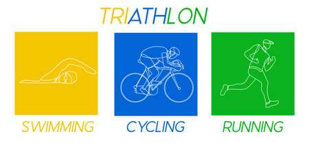Triathlon. Linear hand drawn athletes. Competition in swimming, cycling and running. Vector illustration.のイラスト素材