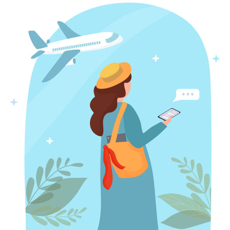 A girl at the airport with a cell phone in her hands. Communicating in social networks and messengers via video call. Mobile applications and Internet technology. flat vector.のイラスト素材