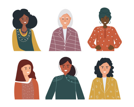 Set portraits of women of different gender and age, different ethnic nationalities and races. vector flat illustration.のイラスト素材