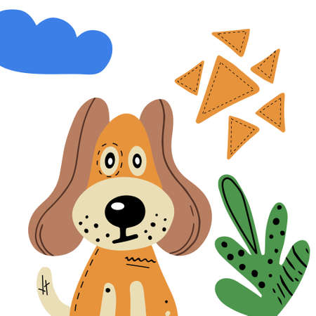 Print with cartoon dog. Abstract and botanical hand-drawn elements. Vector card, poster or holiday invitation.のイラスト素材