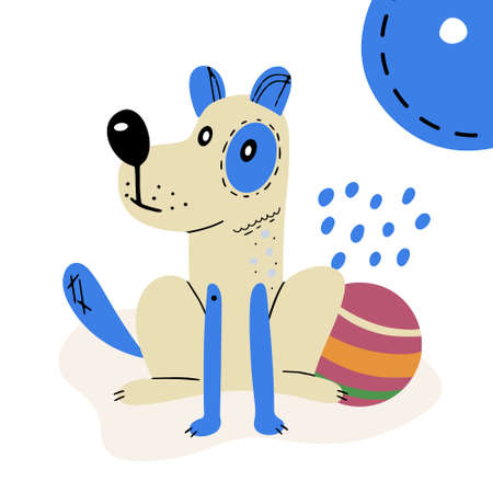 Print with cartoon dog. Abstract and botanical hand-drawn elements. Vector card, poster or holiday invitation.のイラスト素材