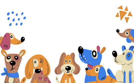 Poster frame with dogs of different breeds. Abstract elements drawn by hand. Vector card, poster or holiday invitation.のイラスト素材