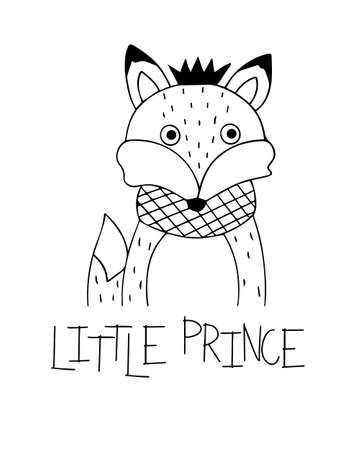 Graphic black and white poster with a cute little fox in a crown. Motivational lettering for the little prince. Print for children's clothing and greeting card.のイラスト素材