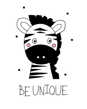 Graphic black and white poster with a cute zebra. Motivational inscription be unique. Print for children's clothing and greeting card.のイラスト素材