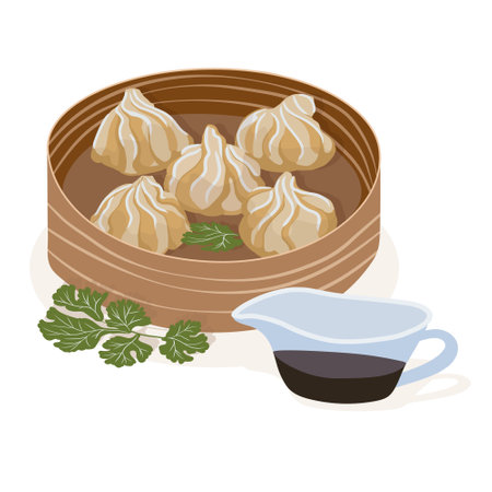 Wontons on a beech plate. Traditional Chinese food. vector illustration.のイラスト素材