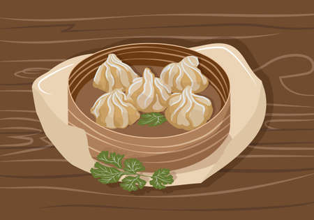 Wontons in a beech plate on a wooden table. Traditional Chinese food. vector illustration.のイラスト素材
