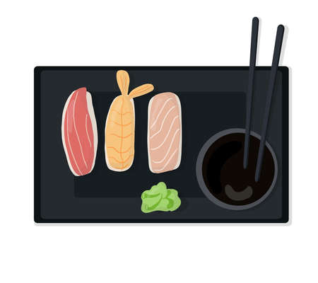 Set of traditional Japanese dishes of rolls and sushi with seafood. On a black plate. Cartoon hand drawn vector illustration.のイラスト素材